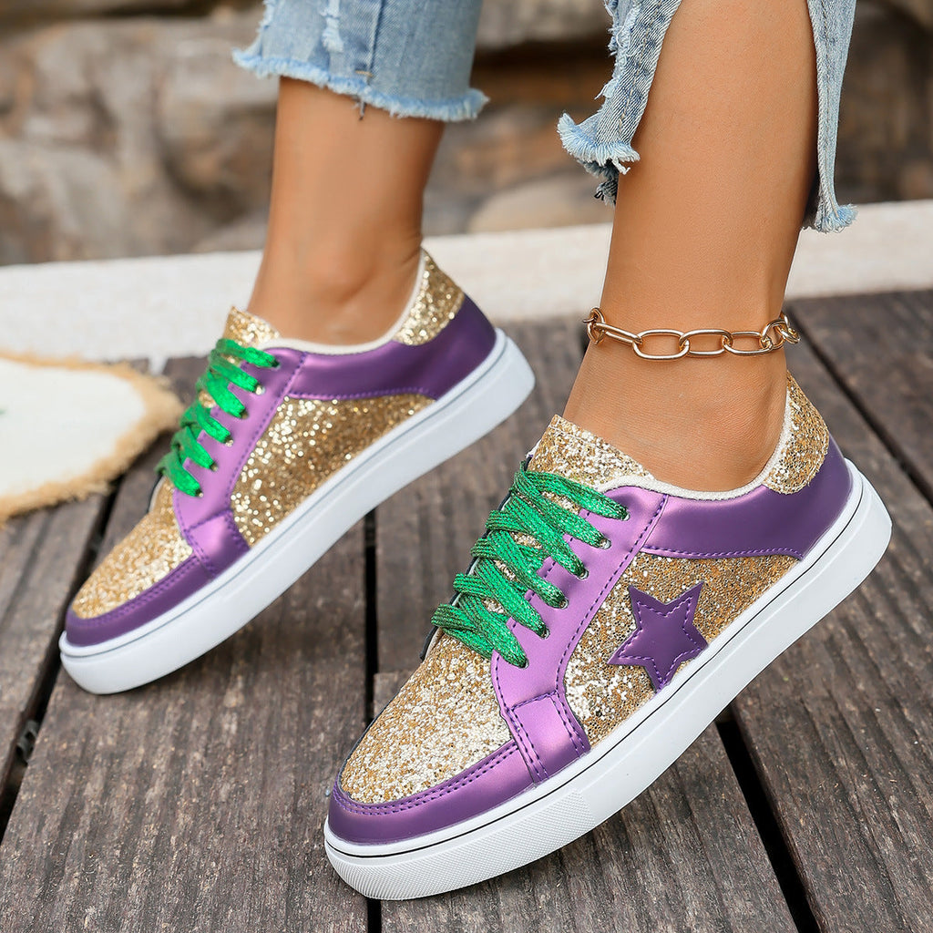 Women's Sequin Lace-Up Sneakers - Purple Gold Chunky Sole Platform Shoes