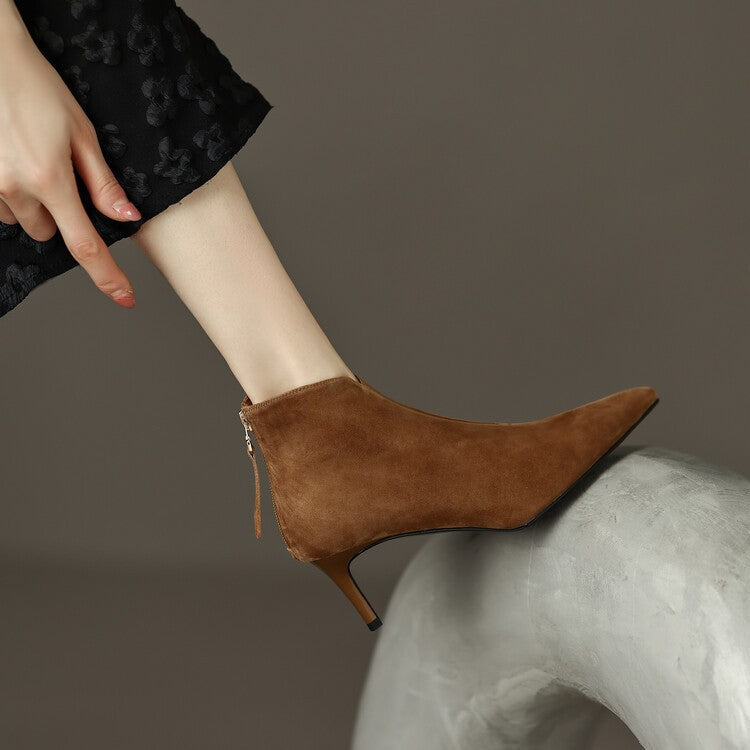 Women's Stiletto Heel Elastic Ankle Boots - Round Toe Back Zipper Suede Boots