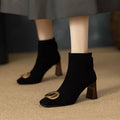 Women's Retro Chunky Heel Short Boots – Square Toe, Metal Buckle & Side Zipper | Suede Upper