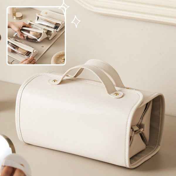 Women's Foldable Travel Cosmetic Bag – Large Capacity Waterproof PU Leather Makeup Organizer with Handle | Beige & Brown