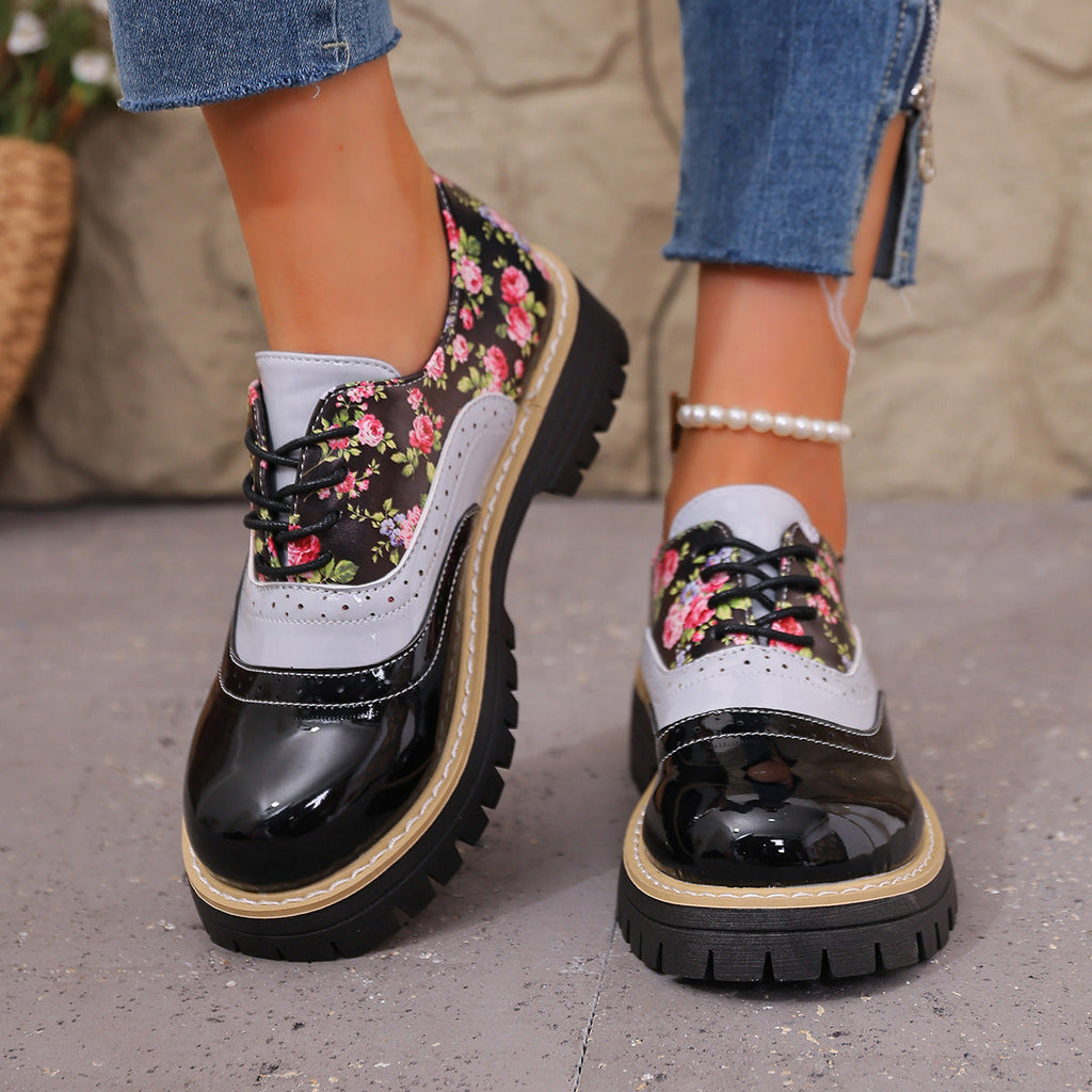 Women's Chunky Heel Lace-Up Casual Fashion Shoes | Black & Beige