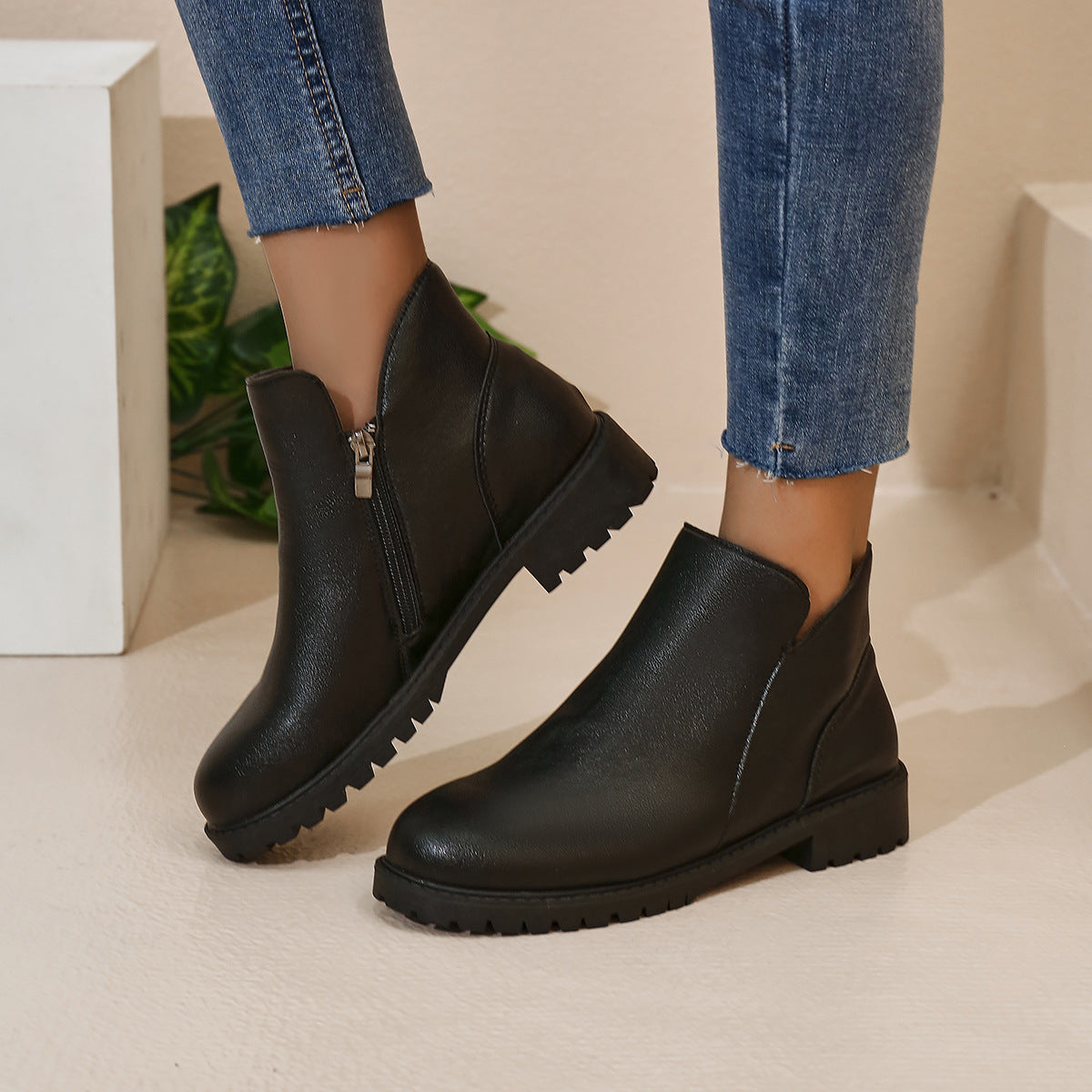 Women's Casual British-Style Low-Cut Ankle Boots – Chunky Heel Side Zipper
