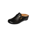Women's Perforated Cowhide Buckle Mules | Round Toe Flat Backless Slides