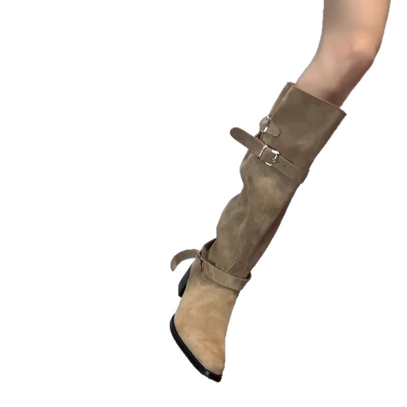 Women's Khaki Suede Pointed-Toe Chunky Heel Boots - Side Zipper High-Top Ankle Boots