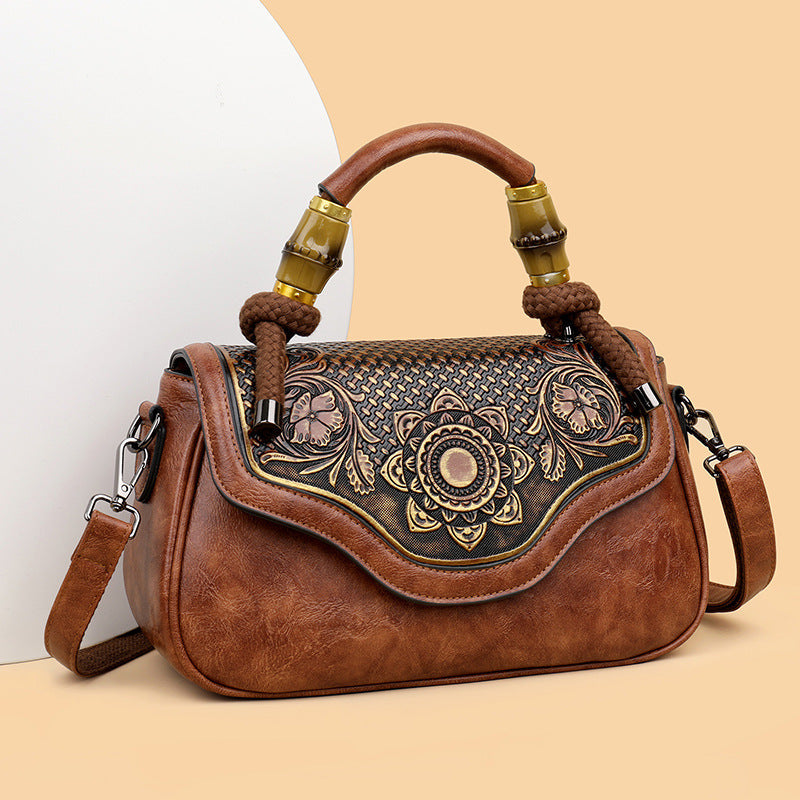 Handcrafted Leather-Embossed Retro Crossbody Bag - Floral Design Women's Shoulder Bag