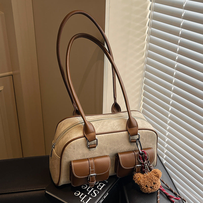 Retro Color-Block Boston Handbag | Chic PU Leather Crossbody Bag for Women | Sarah Express