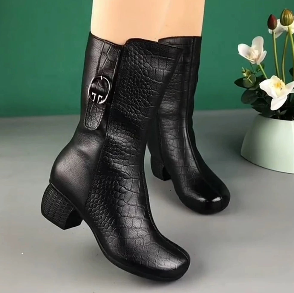 Women's Velvet-Lined Mid-Calf Fashion Boots | Chunky Heel Side Zipper | Fall Winter