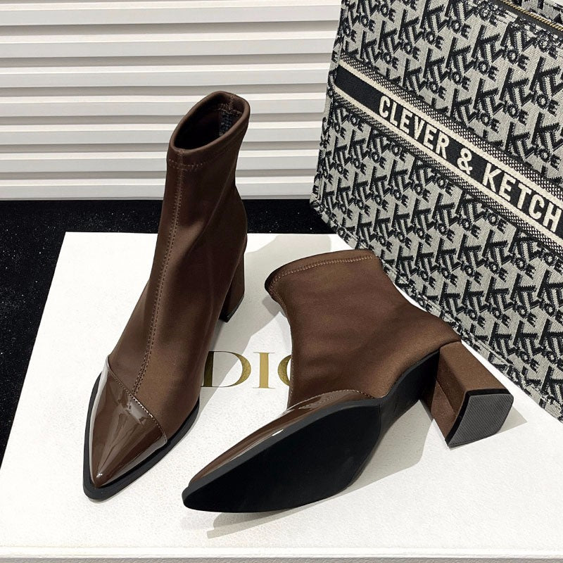 Women's Plus-Size Pointed-Toe Chunky Heel Ankle Boots – PU Leather, Black & Brown