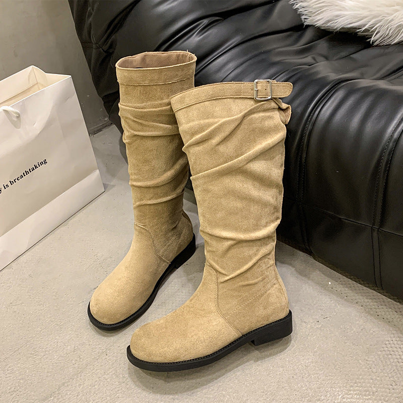 Women's Slim-Fit High-Top Chunky Heel Boots | Suede Buckle Slip-On | Fall Winter