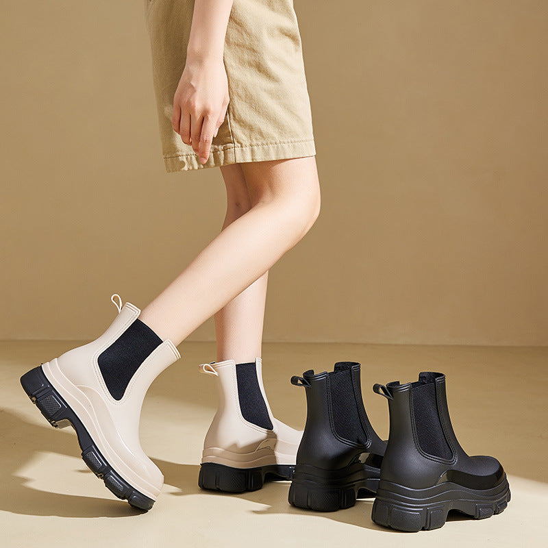 Women's Waterproof Martin Rain Boots | Thick Sole Mid-Calf PVC Boots | Black & Khaki