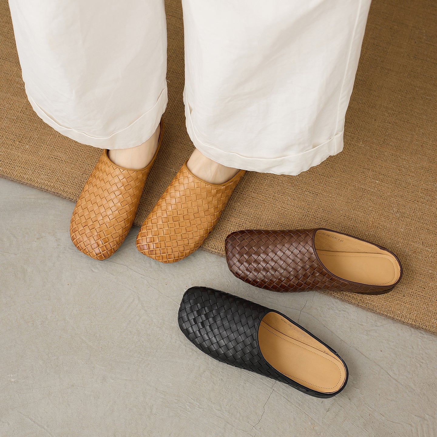 Women's Handwoven Cowhide Mules | Square Toe Slip-On Leather Slides