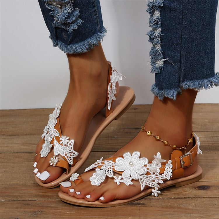 Women's Bohemian Lace Flat Sandals | Ankle Strap Flower Beach Shoes