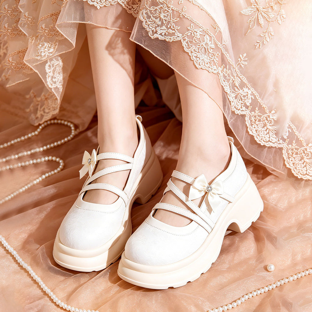 Women's Bow Platform Mary Jane Shoes | Chunky Sole Satin Pumps