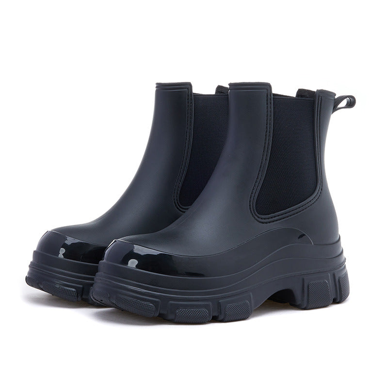 Women's Waterproof Martin Rain Boots | Thick Sole Mid-Calf PVC Boots | Black & Khaki