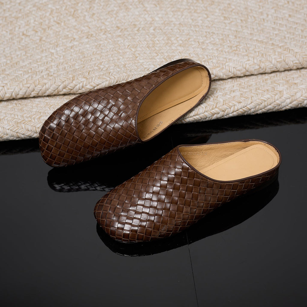 Women's Handwoven Cowhide Mules | Square Toe Slip-On Leather Slides