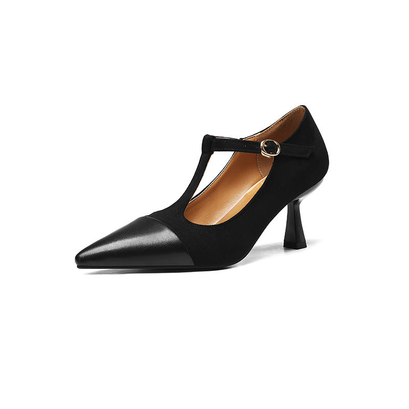 Elegant T-Strap Pointed Toe Stacked Heel Pumps