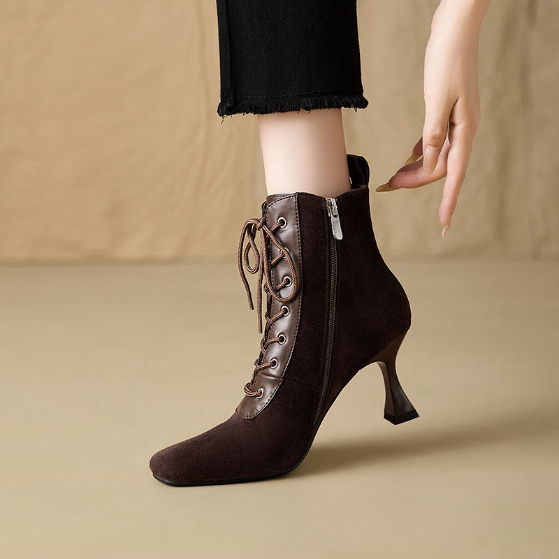 Retro Square-Toe Short Boots Women's Stiletto Heel PU Leather – Brown & Apricot