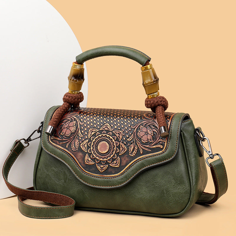 Handcrafted Leather-Embossed Retro Crossbody Bag - Floral Design Women's Shoulder Bag
