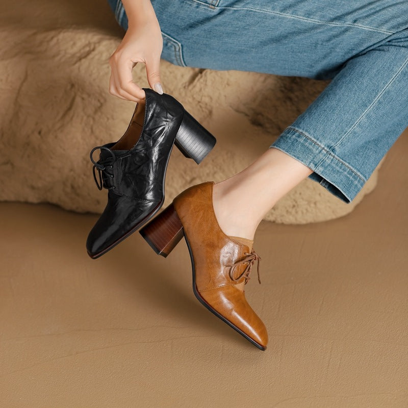 Women's British-Style Square Toe Chunky Heel Pumps | Deep Vamp | Wool Leather Upper