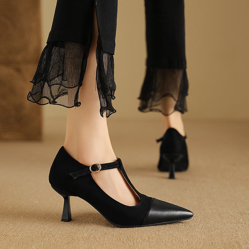 Elegant T-Strap Pointed Toe Stacked Heel Pumps